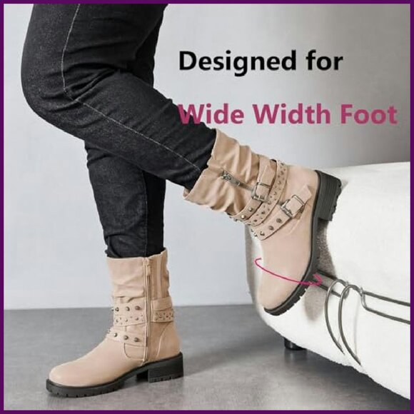 Wide Width Ankle Boots Plus Size Flat Slouchy Combat Booties - Picture 3 of 8